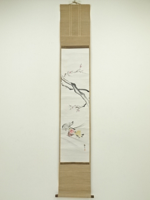 JAPANESE HANGING SCROLL / HAND PAINTED / UME BLOSSOM WITH DUCK 